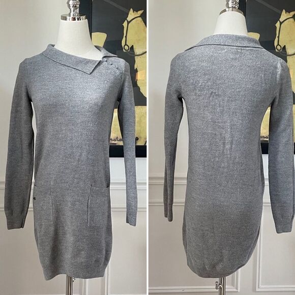 Lacoste Devanlay Long Sleeve Knit Sweater Dress Button Cowl Collar Grey 36 XS - Picture 1 of 9